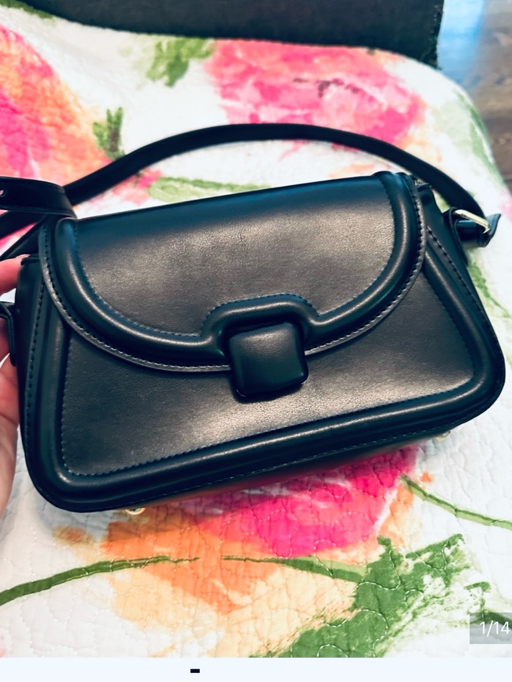 Black Leather Crossbody Bag with Curved Flap